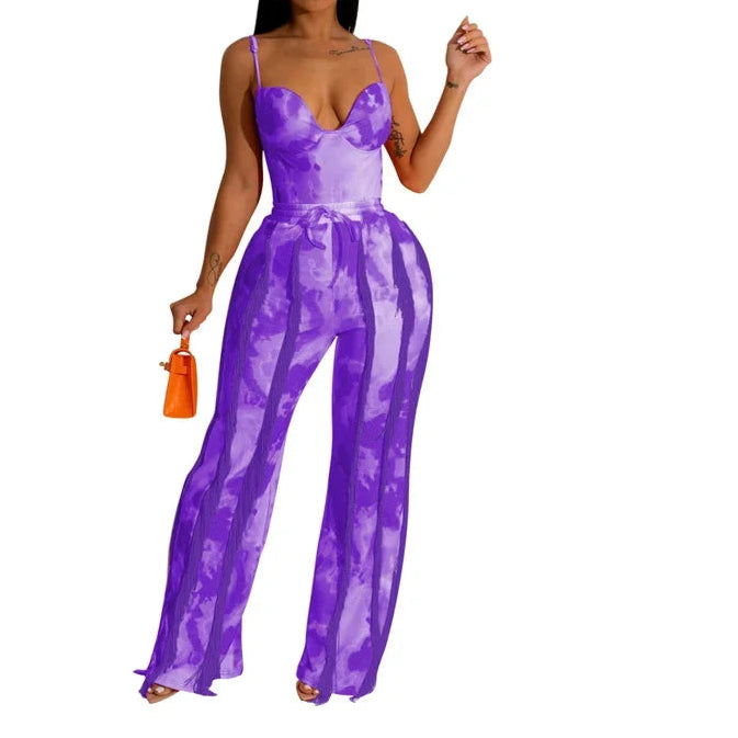 Tie Dye Printing Two Piece Set for Women Pant Sets Birthday Outfits Clubwear Bodysuit Top and Fringe Tassel Pants Matching Sets