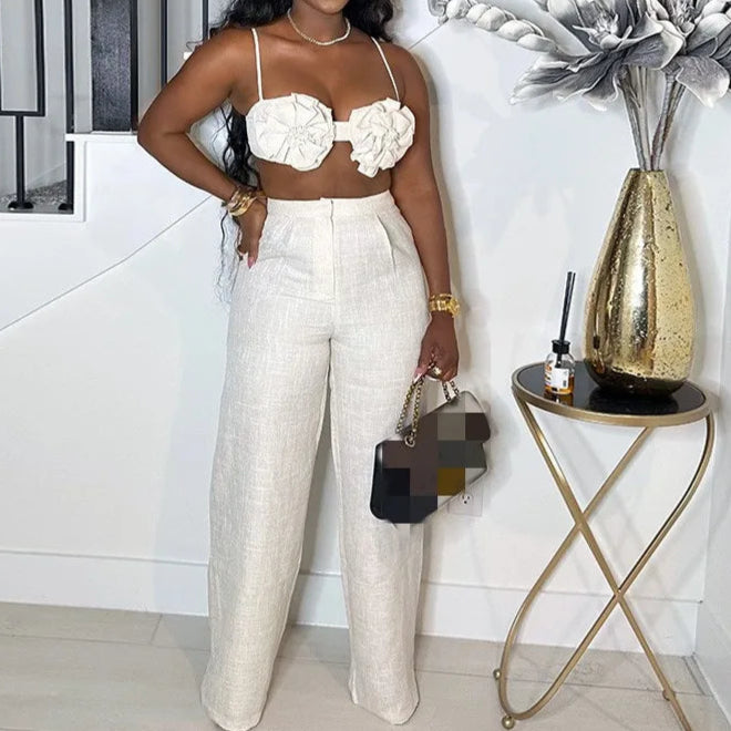 Elegant 2 Piece Sets Women Sexy 3D Flower Crop Camisole and Straight Leg Pants Set