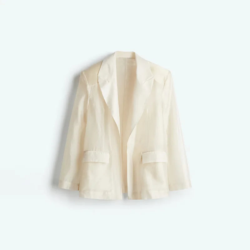 Sexy See Through Silk Set Women Elegant Blazer Coat Loose Shirt Wide-leg Pants