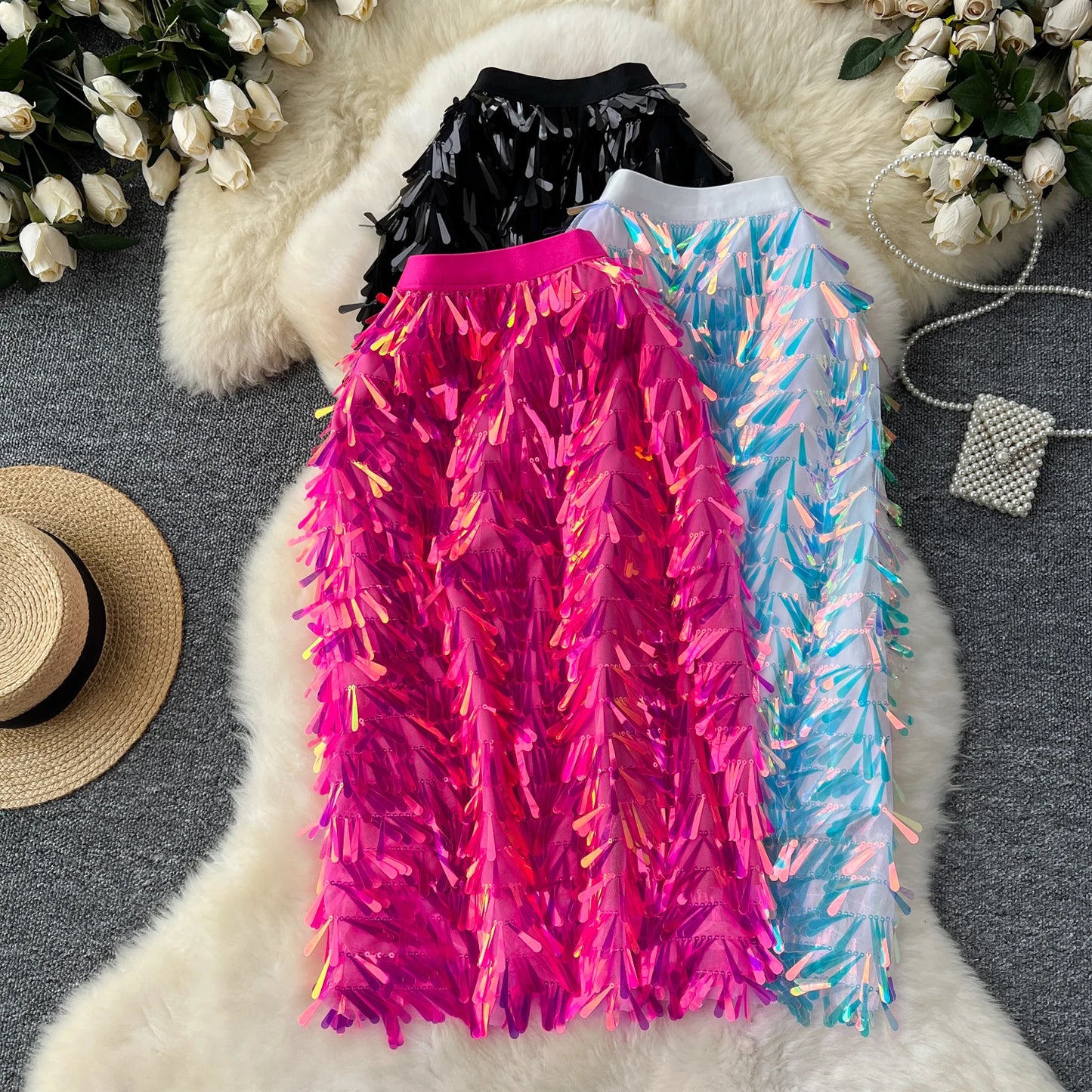 Women Chic sequin Skirt High Waist Elegant Korean Fashion vintage Hip Skirt