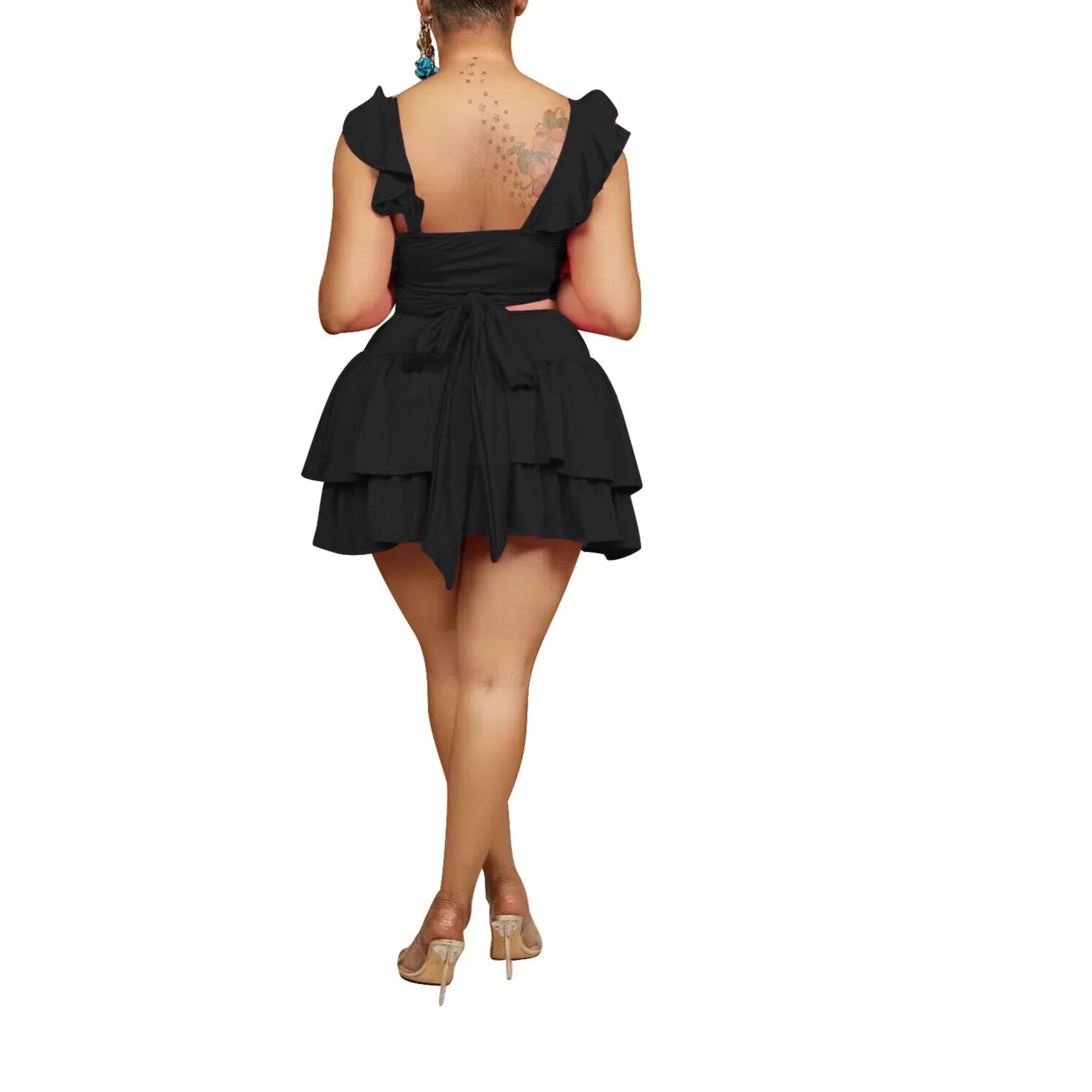 Sexy Crop Top and Skirt Sets Criss-Cross Wrap Chest Beach Style 2 Piece Set Ruffles Mini Skirt Set