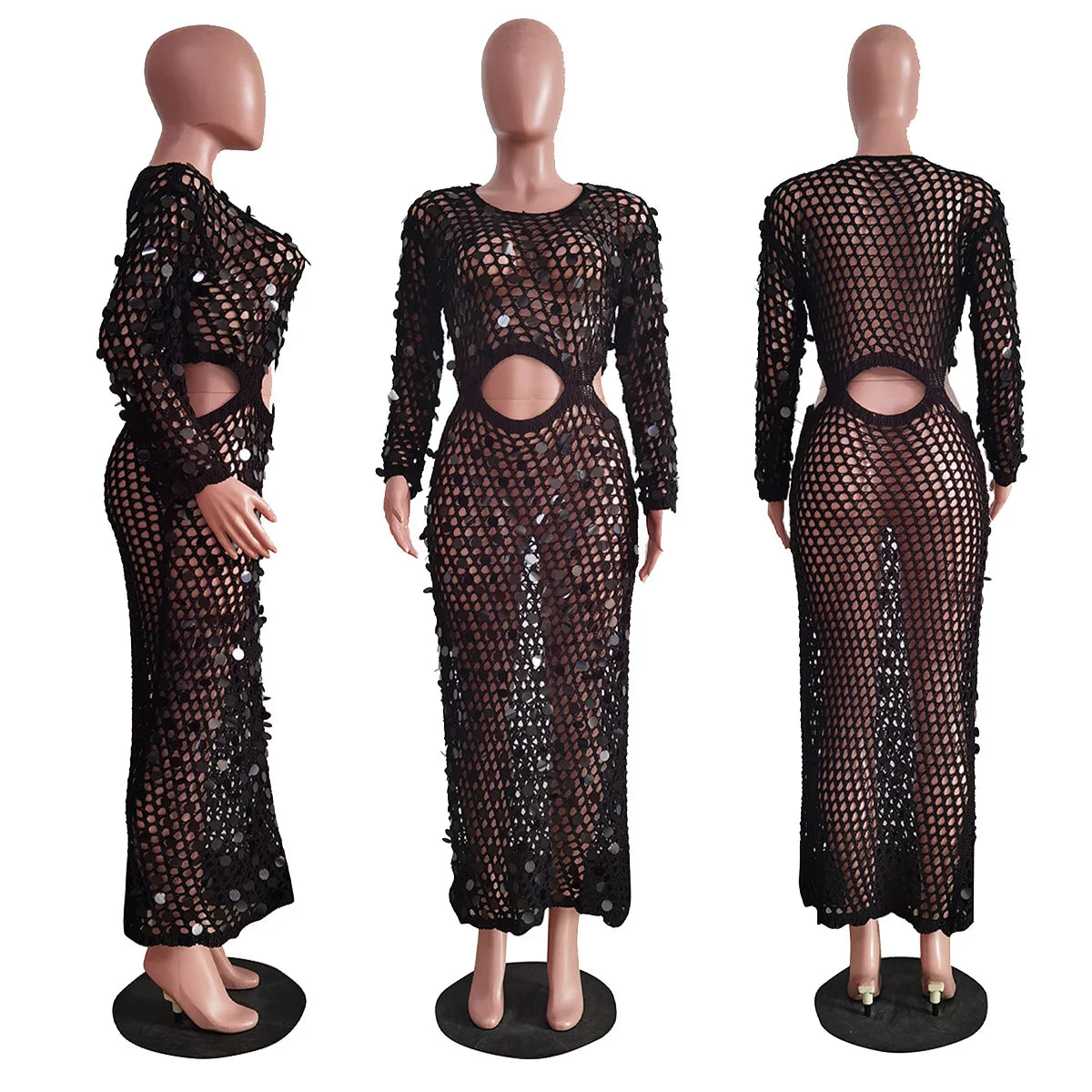 Fishnet Knitting Hollow Sequins Maxi Dress Sexy See Through Vacation Beach Dress Resort Wears