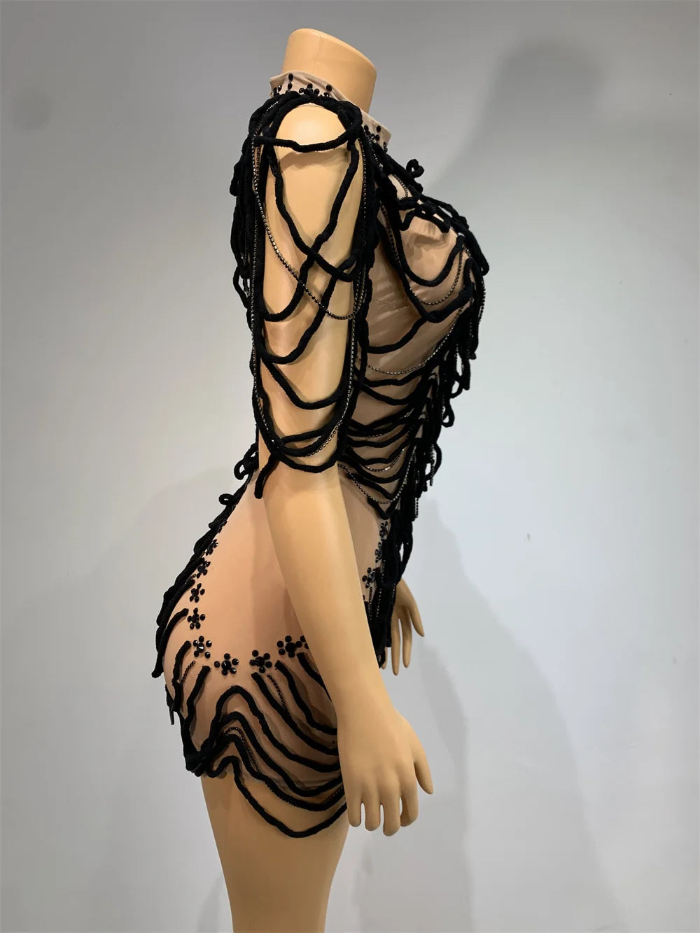 Mesh Rhinestones Chain Mini Dress Nightclub Party Performance Outfit