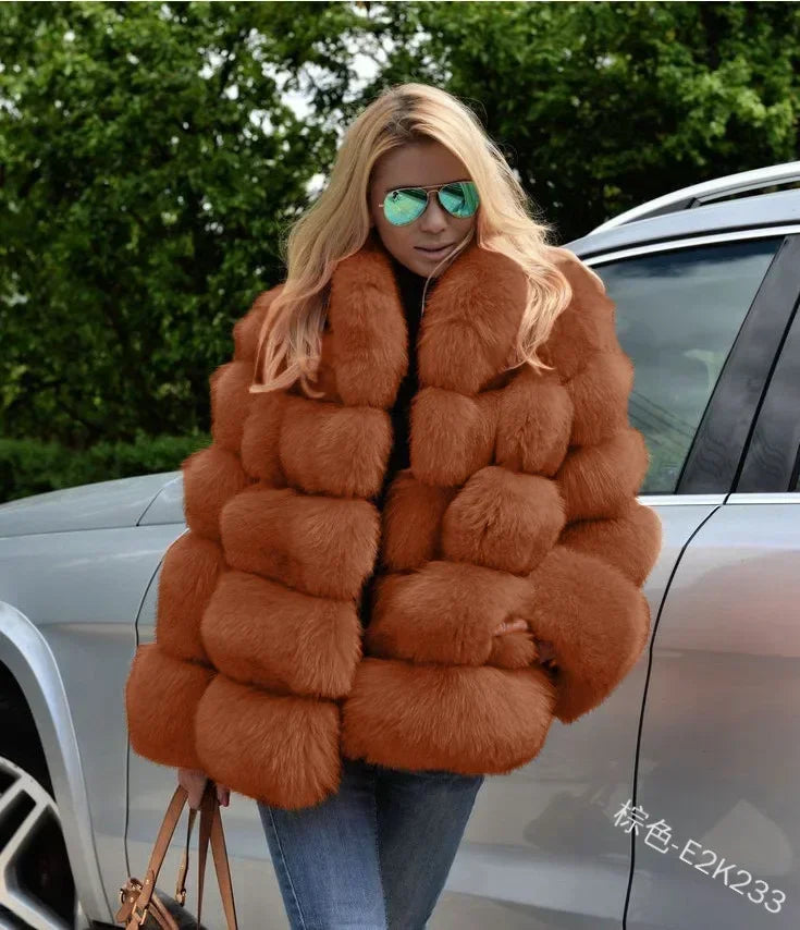 Women Faux Fox Fur Coats Turn Down Collar Thick Warm Elegant Jackets Streetwear