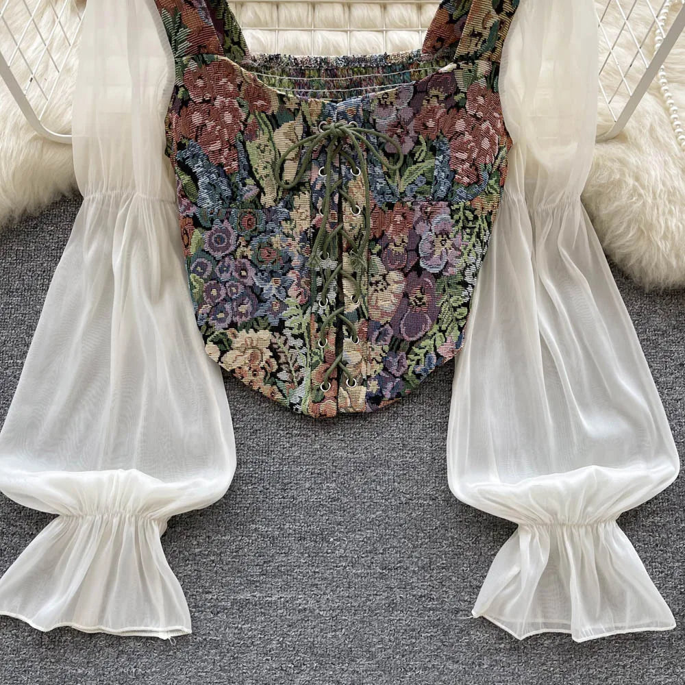 Women Retro Y2K Rose Flower Print Long Sleeve Gothic Shirts Fashion Irregular Bandage Party Blouses