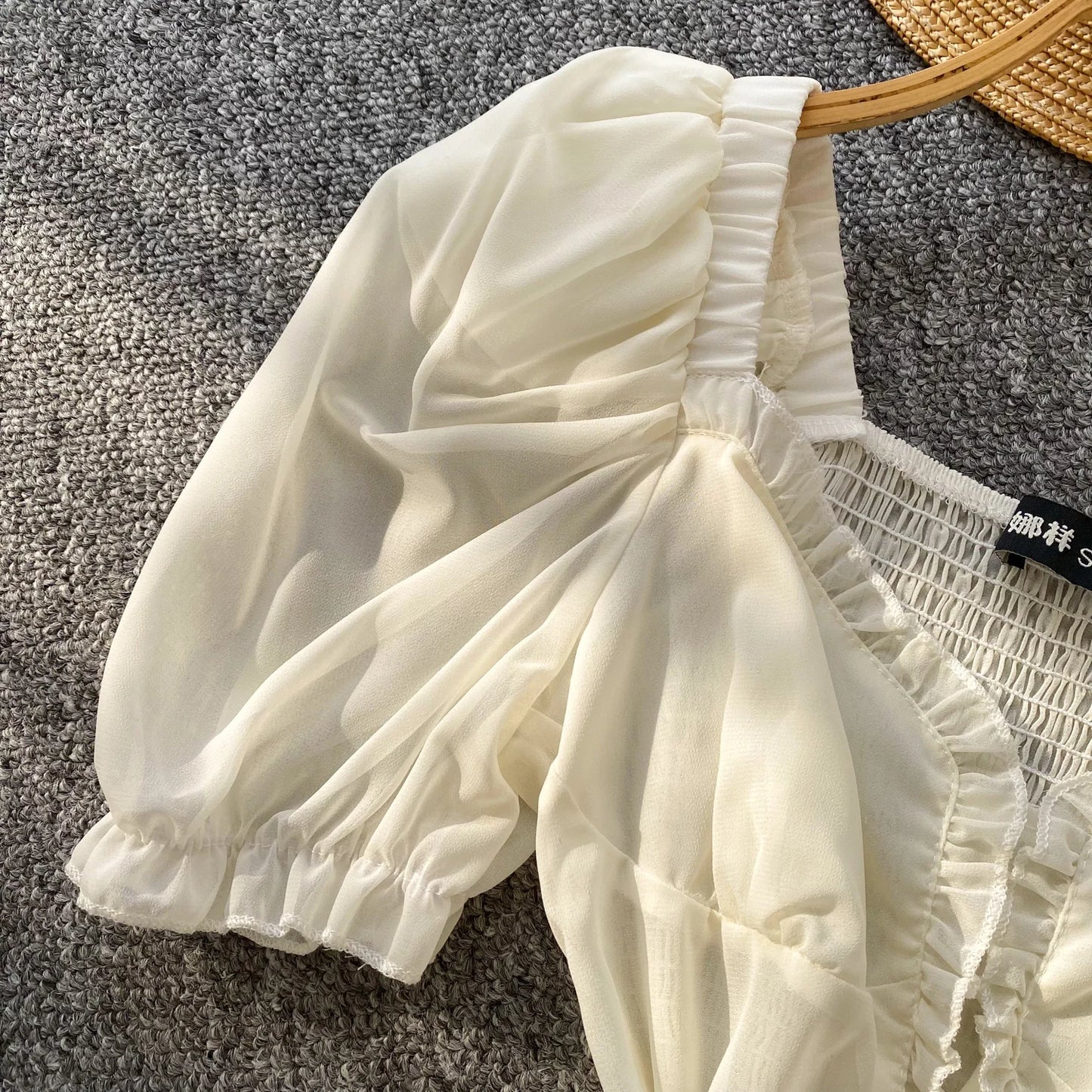 French Style Chiffon Blouse Square Neck Short Sleeves Ruffles Lace Up Beach Top