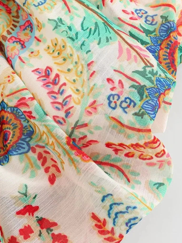 Women Vintage Totem Flower Print Pleated Puff Sleeve Blouse Breasted Shirt