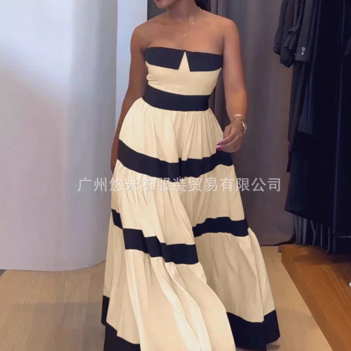 Women Fashion New Elegant Long Dress Patchwork Bowknot Strapless Sleeveless Backless High Waist Stripes Long Dress Party Female