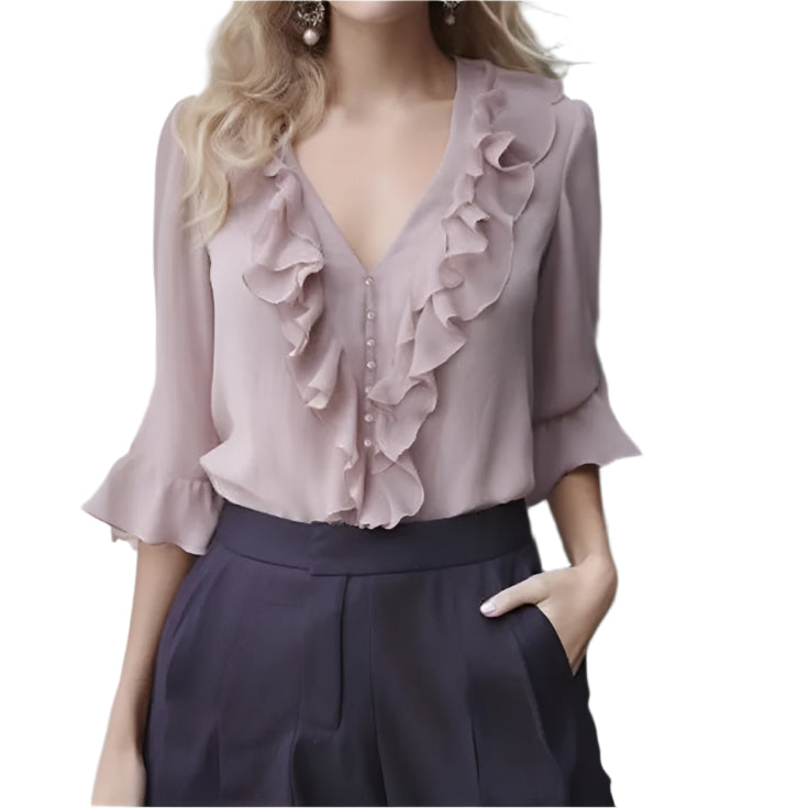 Beaded Women's Summer Long Sleeve Chiffon Top Ruffles V-Neck Lightweight Casual Tulle Blouses
