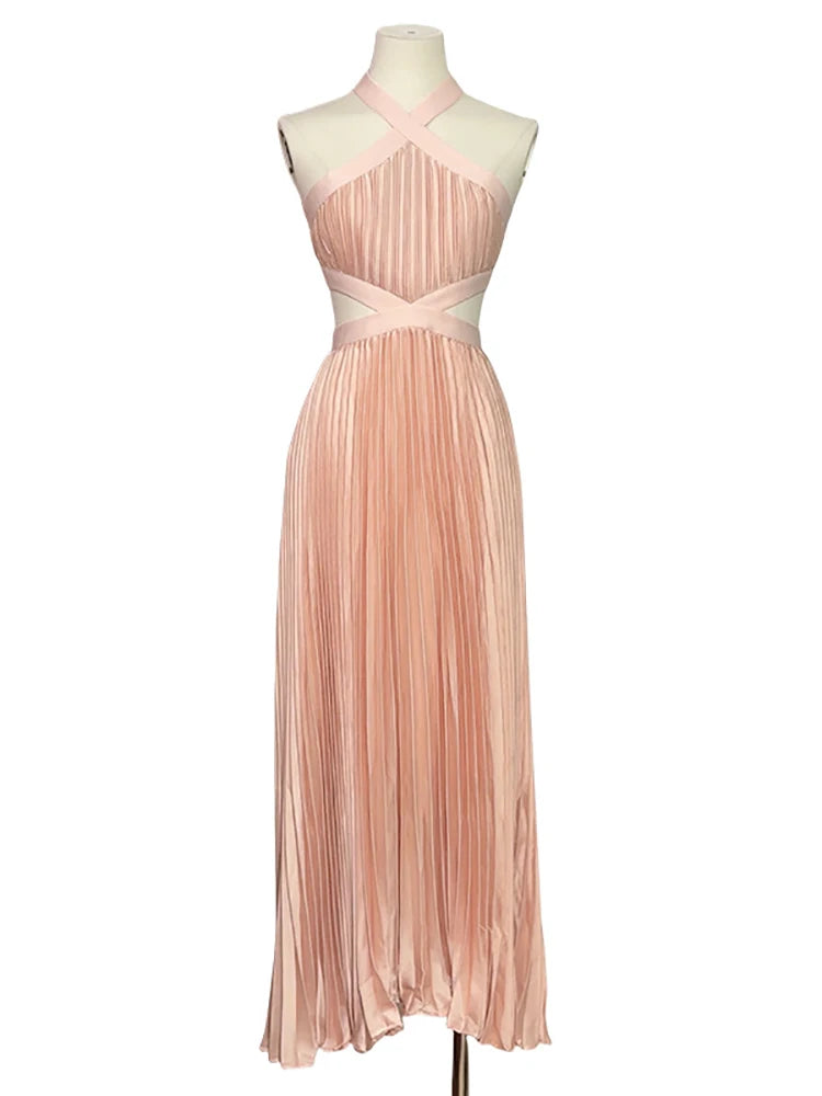 Sexy Halter Neck Cutout Pleated A-line Long Dress Pink Sleeveless Backless Party Dress