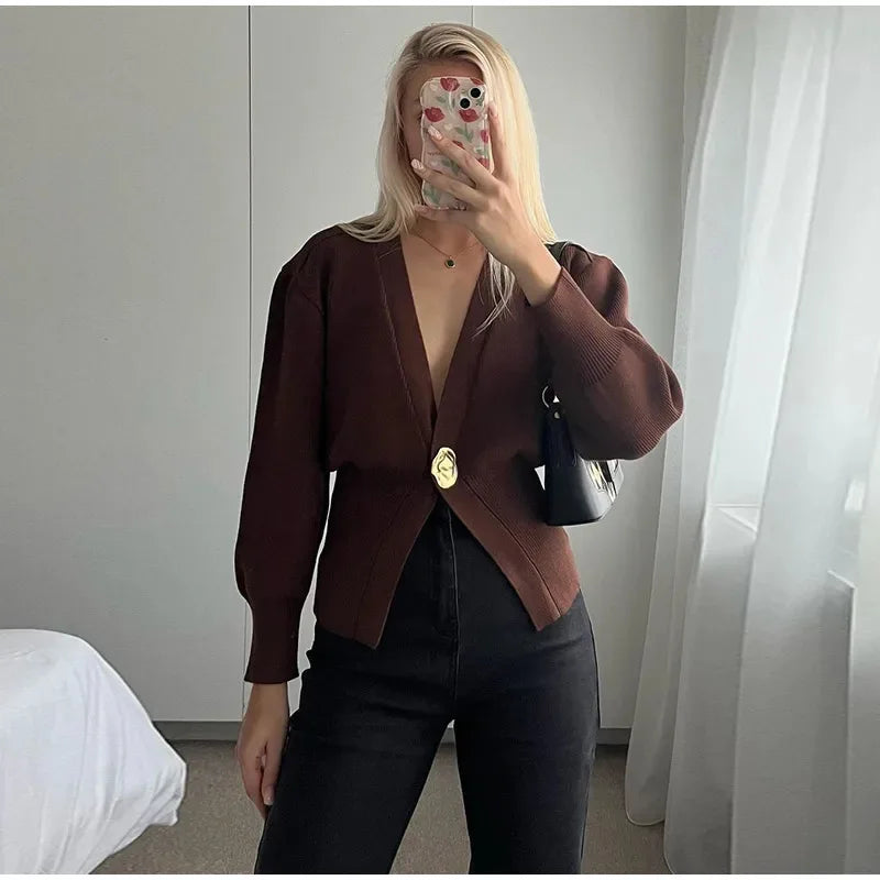 Women's Button Knitted Cardigan Vintage V Neck Full Sleeve Cropped Sweater