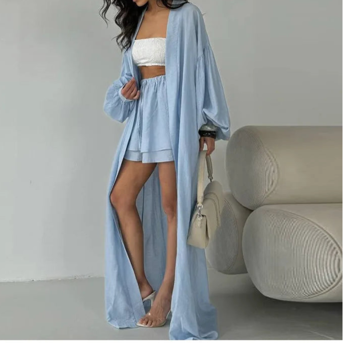 Loose Long Cardigan Lace Up Shorts Sets Women Crop Solid Balloon Sleeve Shirts Elastic Wide Leg Short Pants