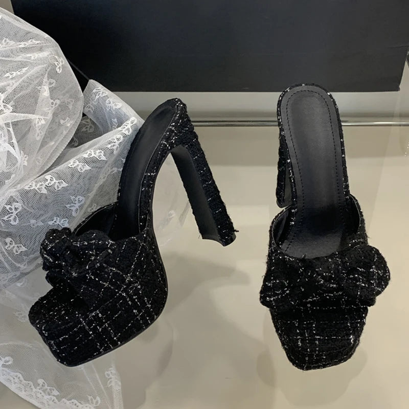 Pink Cloth Bowknot Designer Sandal Square Toe Super High Heels Platform Slippers for Women