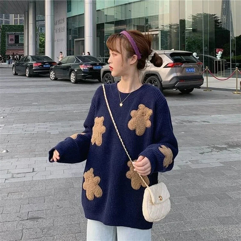 Sweet Cartoon Bear Sweater Women Cute Knitted Pullover Oversized Knitwear