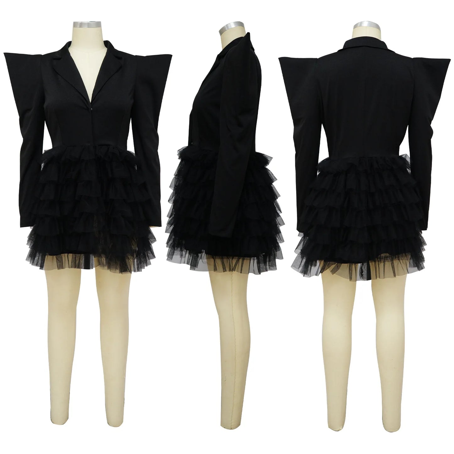 Mesh Paneling Solid Right Shoulders Long Sleeves Cake Dress For Women