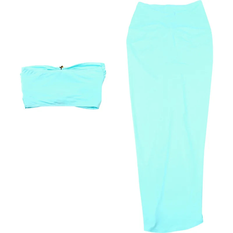 Hollow Metal Buckle 2 Piece Set Resort Wear Women Y2K Split Maxi Skirt Matching Clubwear Outfits