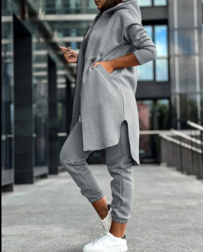 Women Pant Set Hooded Zipper Long Coats Two Piece Suits Casual Straight Pants