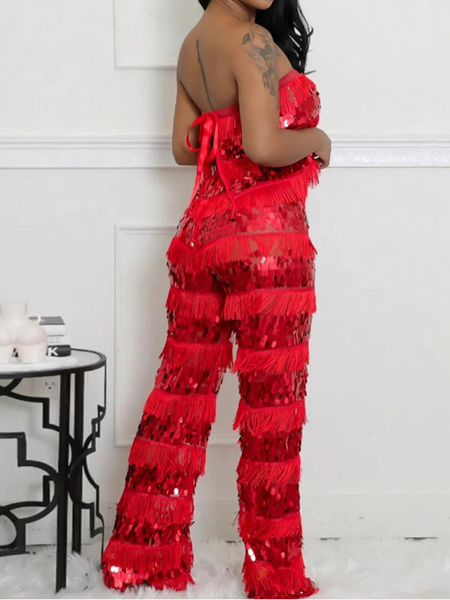 New Luxury Sequin Tassel Women Sleeveless Strapless Crop Tops and Wide Leg Pants Two 2 Piece Birthday Matching Sets