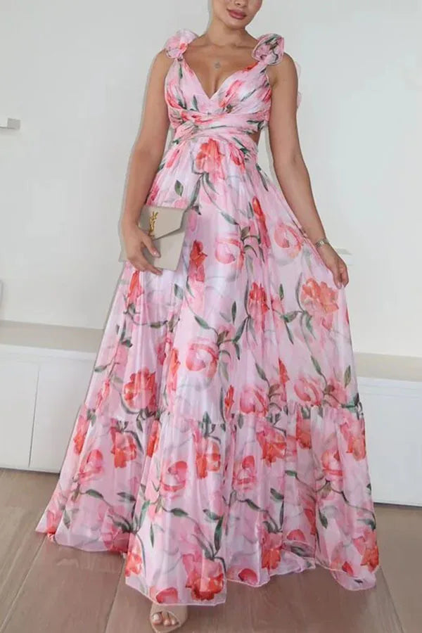 Women Chiffon Ruffle Edge Printing Maxi Dress V Neck Pleated High Waist Ankle Length Dress