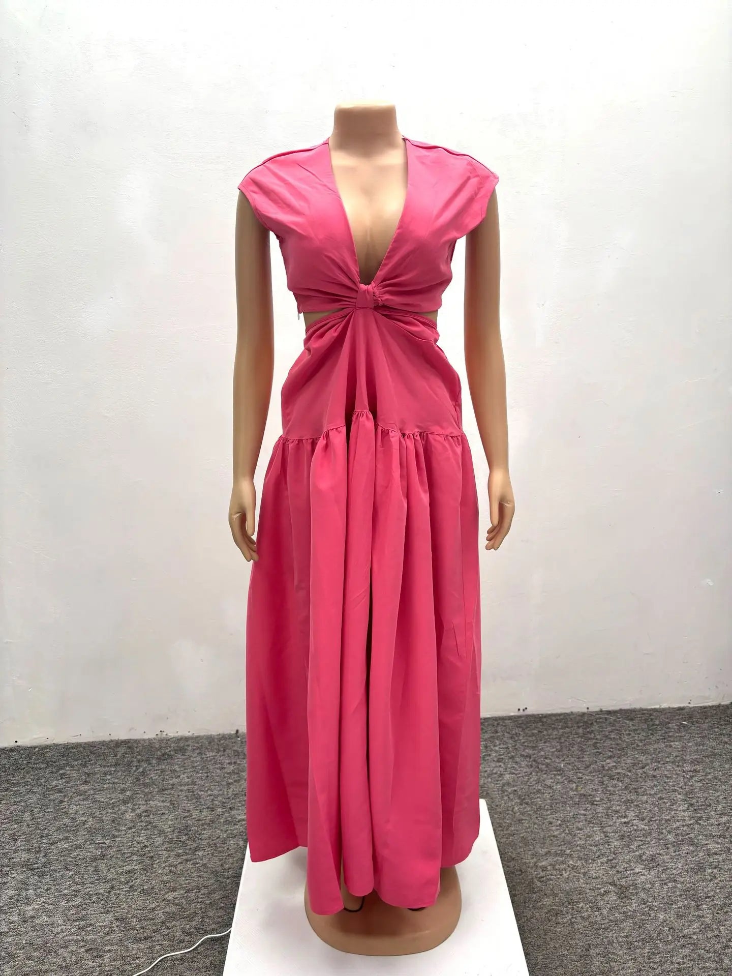 Women Short Sleeve Tie Up Open Waist Deep V-neck Maxi Long Dress
