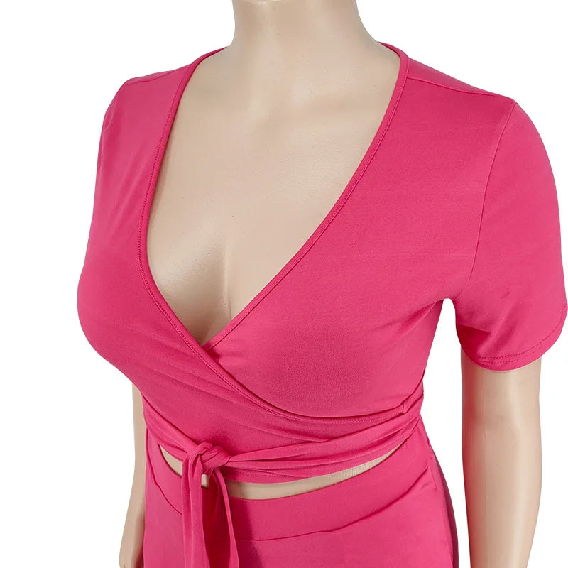Plus Size Pants Sets Two Piece Outfits Summer Holiday Solid Bandage Top Wide Leg New Matching Suit