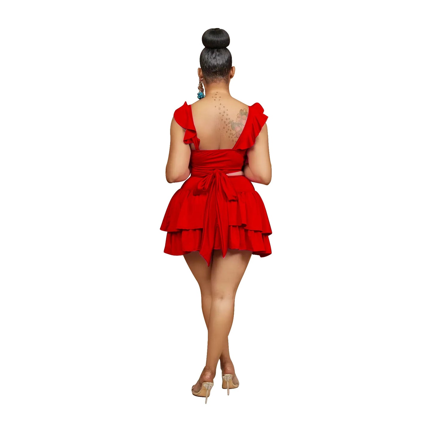 Sexy Crop Top and Skirt Sets Criss-Cross Wrap Chest Beach Style 2 Piece Set Ruffles Mini Skirt Set
