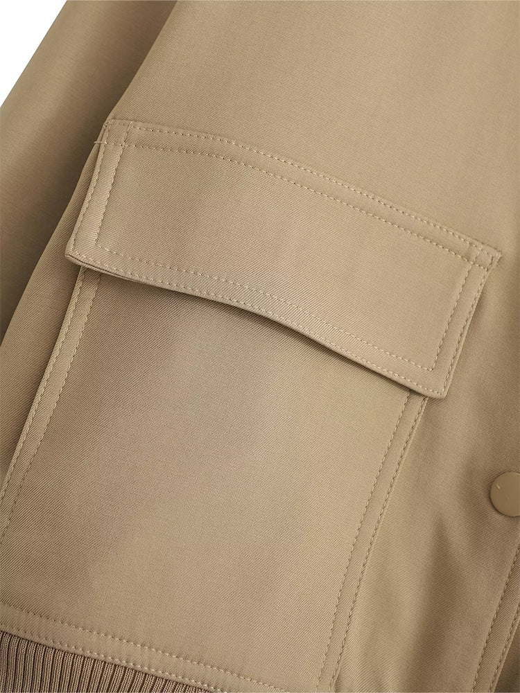 Solid Bomber Jackets Coat With Pockets V-Neck Single Breasted Long Sleeves Jacket