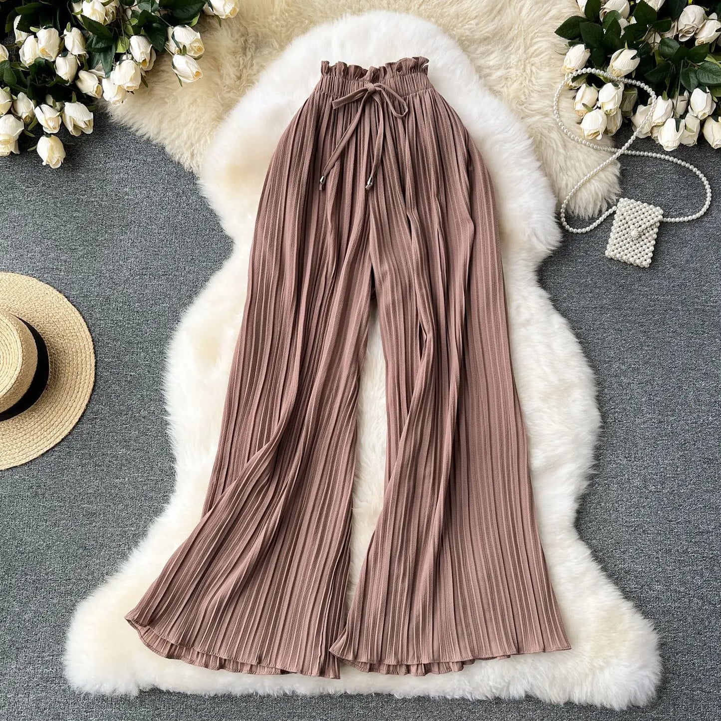 Women Long Pants Wide Leg Pant Solid Loose Casual Lace Up Tight High Waist Capris Regular Pleated Trousers