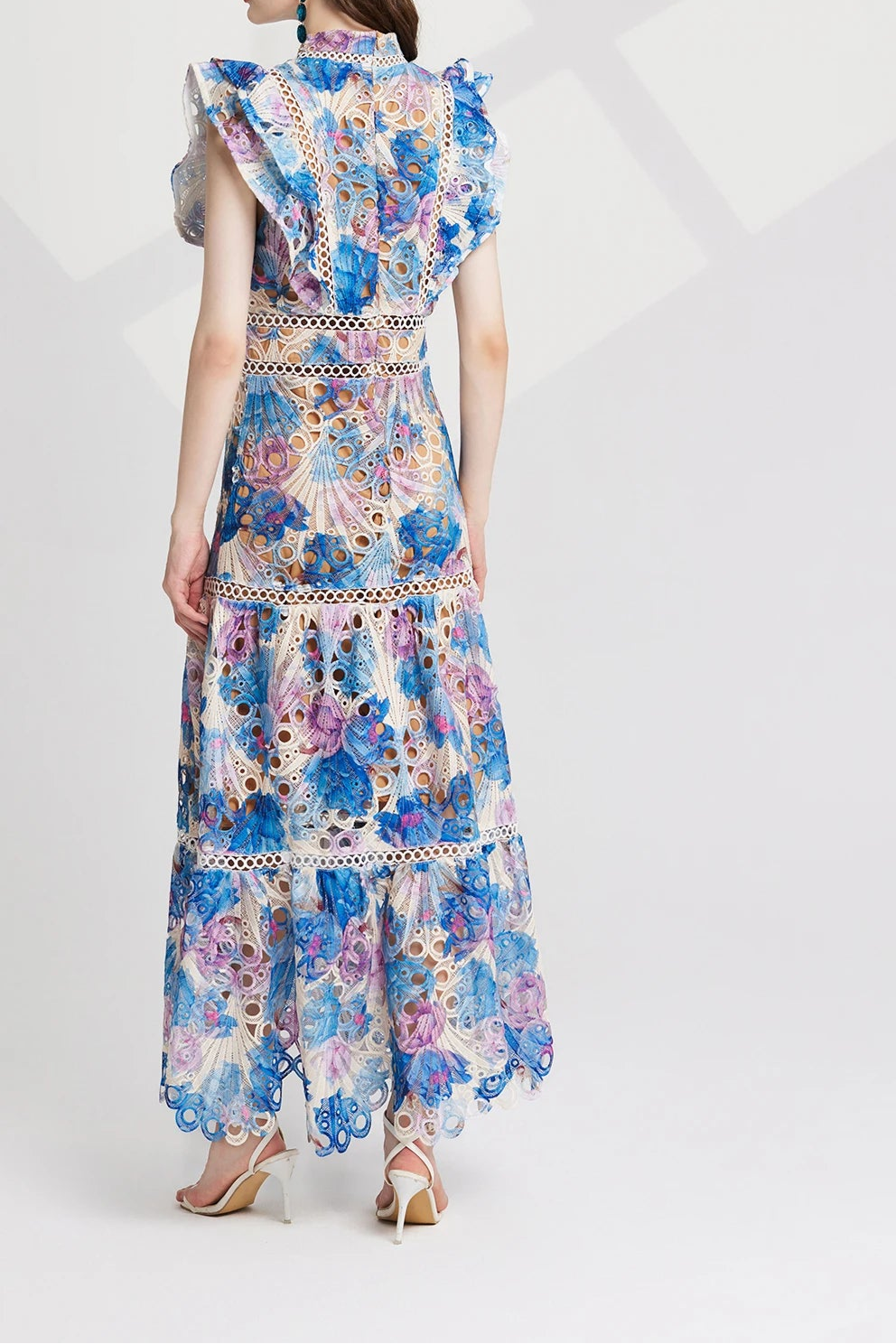 Flower Embroidery Maxi Wedding Guest Dress Women Flare Ruffles Sleeve Neck Colorful Long Robe