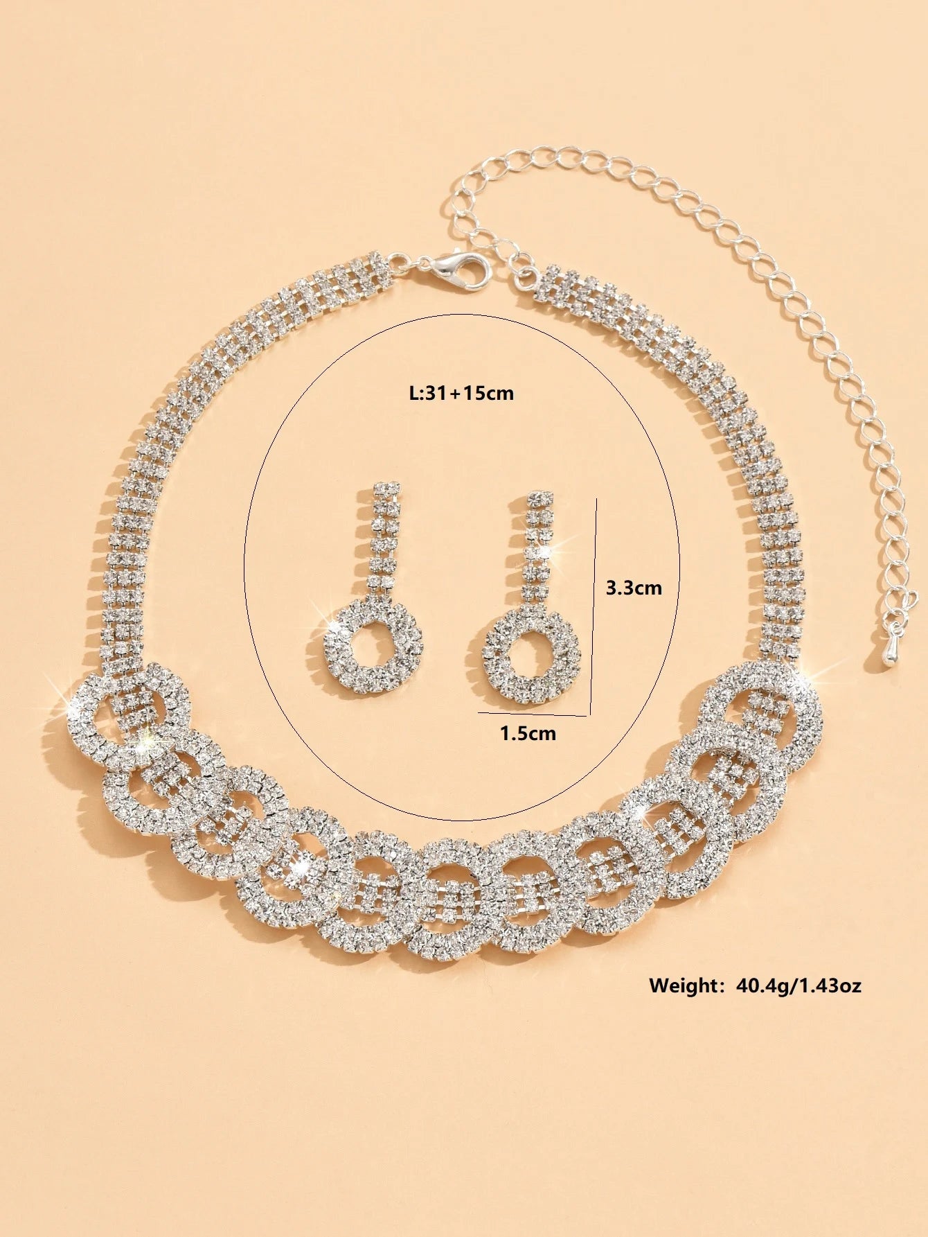 3pcs Fashion Jewelry Set with Rhinestone Inlaid Round Necklace Earrings Jewelry Set Suitable for Women's Party Accessories