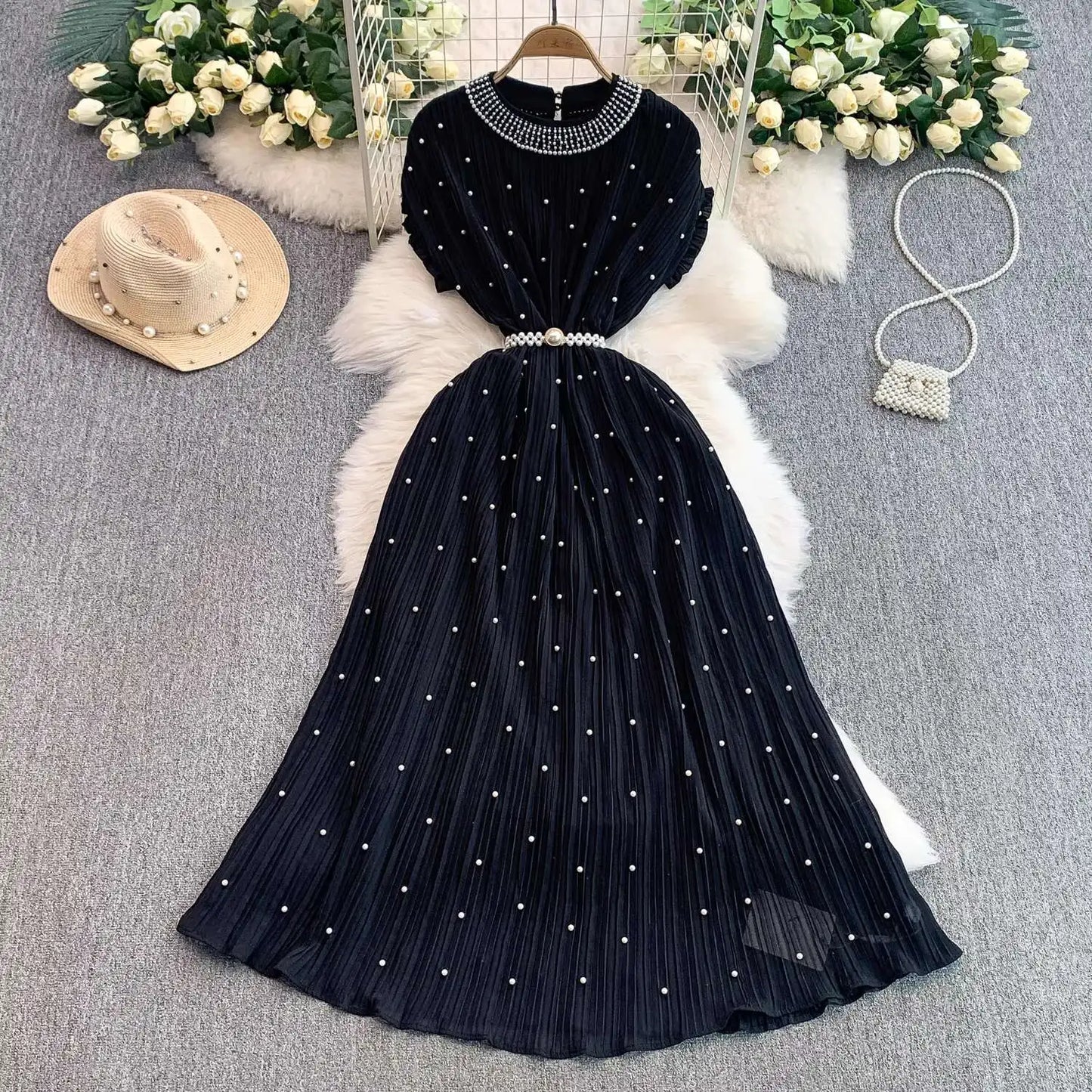 Summer Luxury Pearls Long Chiffon Dress For Women Loose Big Size Short Sleeve Crystal Birthday Evening Midi Pleated Dresses