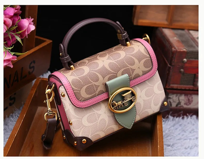 contrasting color women's bag, high-end carriage crossbody bag, portable box bag