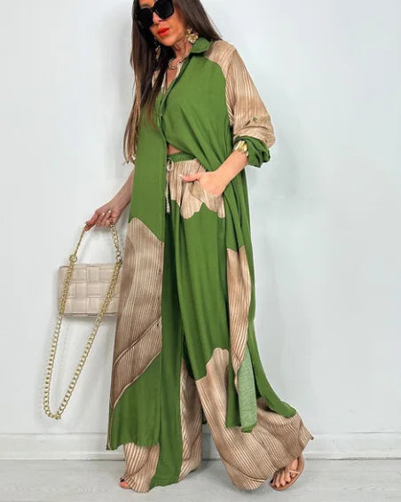 Elegant Lady Two Piece Set Printed Long Shirt Top + Wide Leg Pants 2-piece Outfit Oversized Sets
