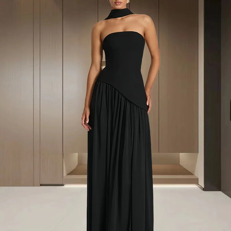 Elegant Strapless Scarf Neck Pleated Dress Woman Sexy Slim Solid Backless Evening Dress