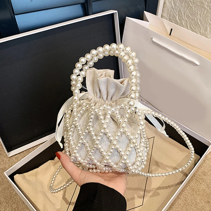 Luxury Pearl Women Bucket Tote Bag Woven Pearl Crossbody Bags for Women Small Wallet