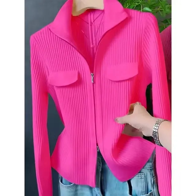 Women Knitted Sweater Cardigan Short Jacket Turn-Down Collar Knit Top