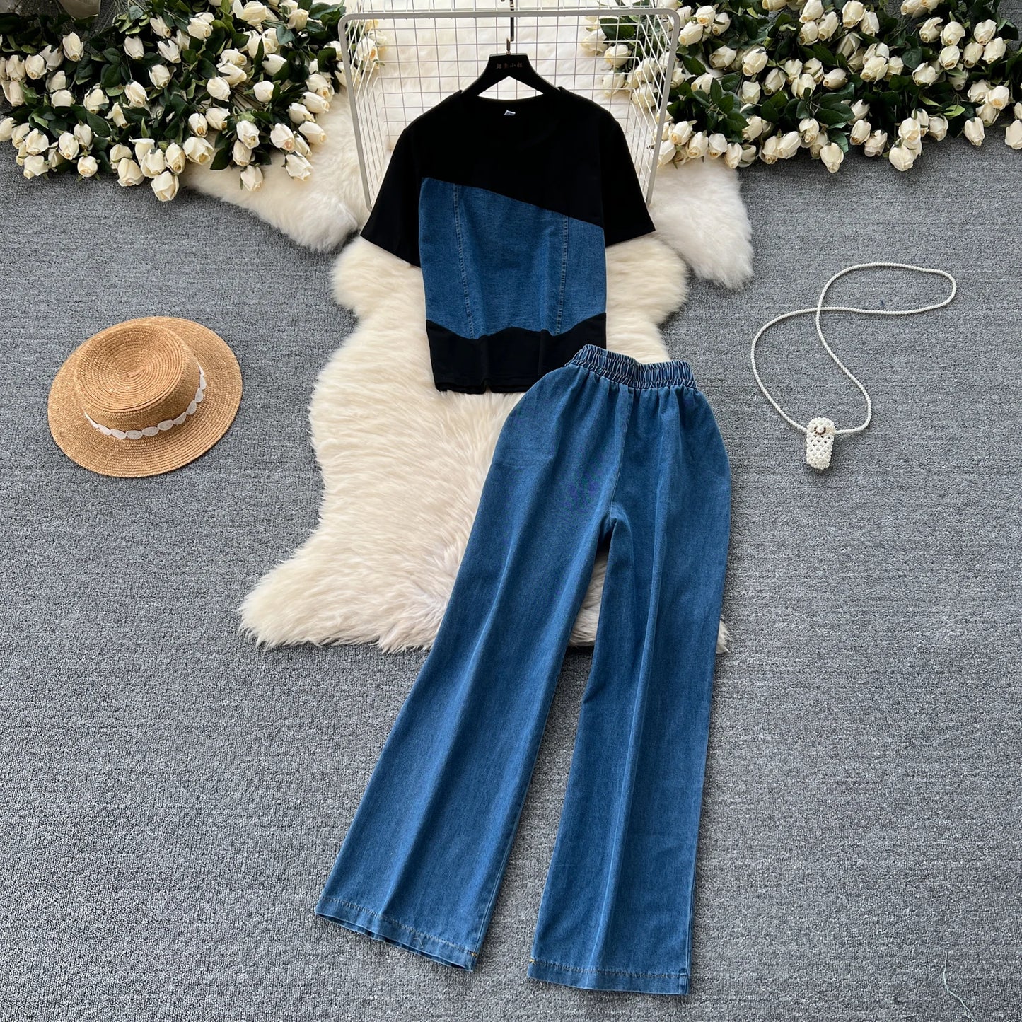 Women Denim pant sets Design Matching Color Short-sleeved T-shirt Tops + High-waisted Casual Pants