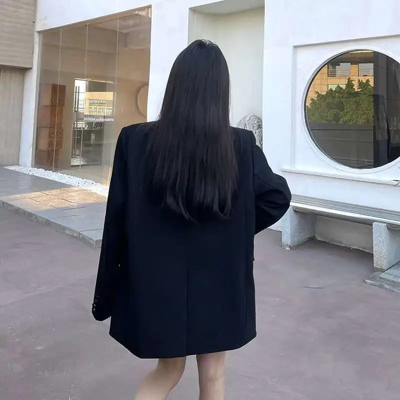 Stamping Nail Beads Blazer for Women's Notched Collar Double Breasted Loose Feather Patchwork Suit Jacket
