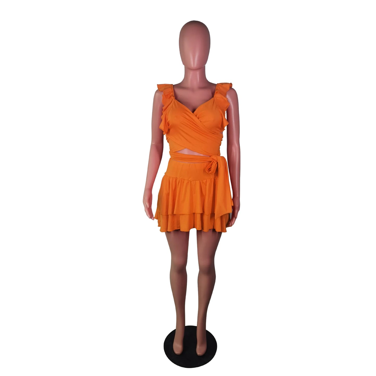 Sexy Crop Top and Skirt Sets Criss-Cross Wrap Chest Beach Style 2 Piece Set Ruffles Mini Skirt Set