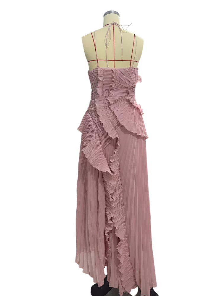 Sexy Halter Neck Pleated Ruffled Long Dress Women Bridesmaids Maxi Dress
