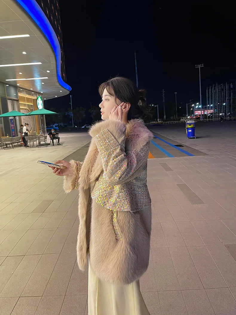 Winter Fur Coat Women Luxury Sequined Wool Faux Fur Long Jacket Fluffy Overcoat