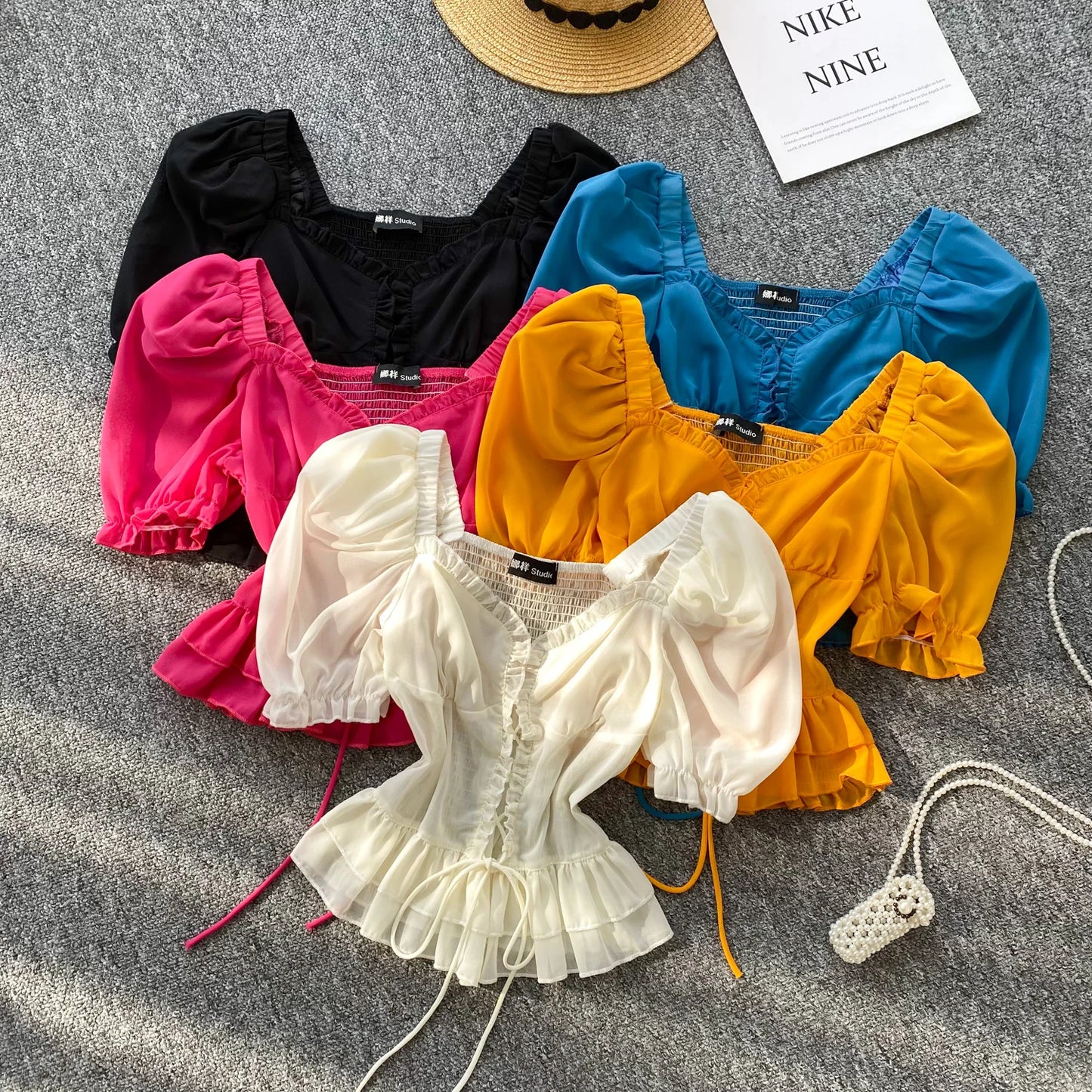French Style Chiffon Blouse Square Neck Short Sleeves Ruffles Lace Up Beach Top