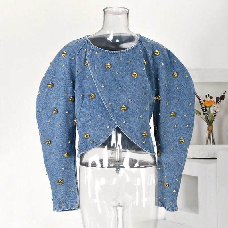 Women Rivets Long Lantern Sleeve Denim Coat Short Pearls Top Bomber Jacket Cowboy Jacket