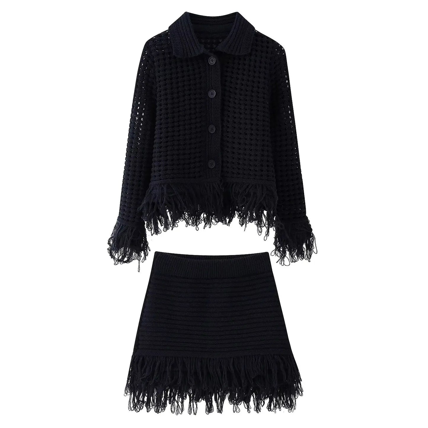 Vintage Women Knitted Hollow Out Tassel Mini Skirt Set Cardigan+Fringe Mini Skirt