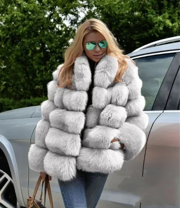 Women Faux Fox Fur Coats Turn Down Collar Thick Warm Elegant Jackets Streetwear