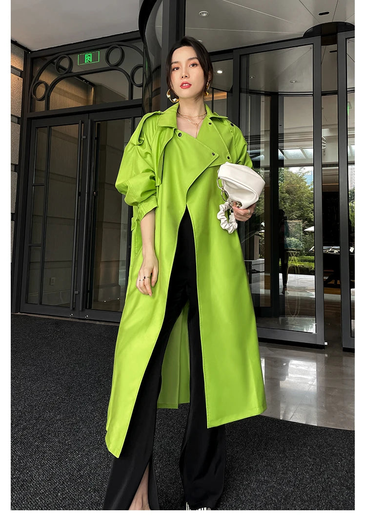 Luxury Long Oversized Bright Green Faux Leather Trench Coat for Women