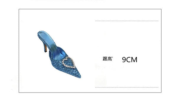 Shallow Mouth High-heeled Women's Shoes Love Rhinestone Shining Thin Heel Pump Slippers