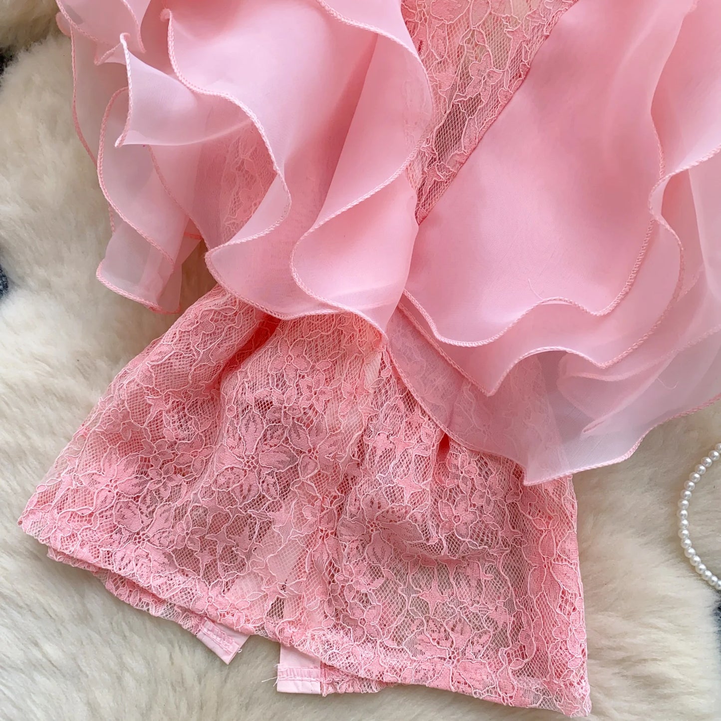 Ruffle Blouses Women French Style Single Breasted Lace Patchwork Shirt Summer Top