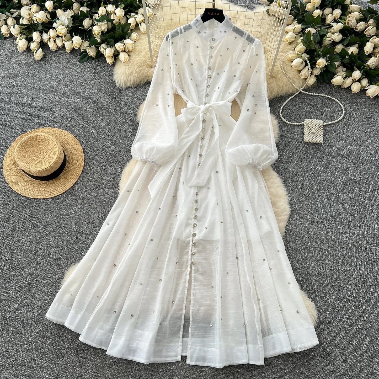Elegant Lantern Sleeves Vintage Stand Collar Chic Single Breasted Rhinestone Bandage Slim High Street Long Dresses