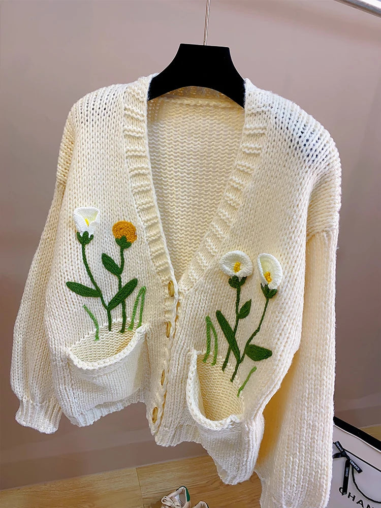 Women Handknit Floral Vintage Apricot Cardigan Women Sweater Clothes Knitwear